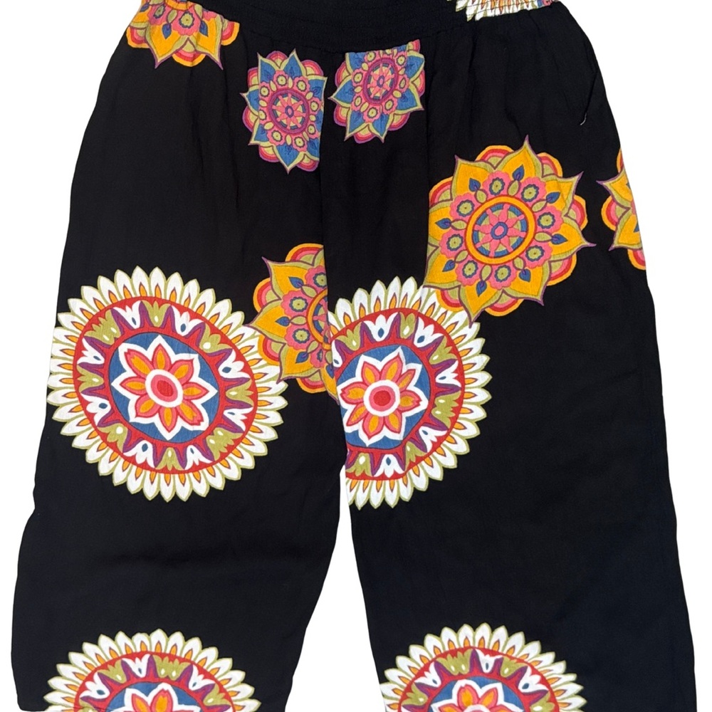 Black Cropped Wide-Leg Pants with Colorful Medallion Print